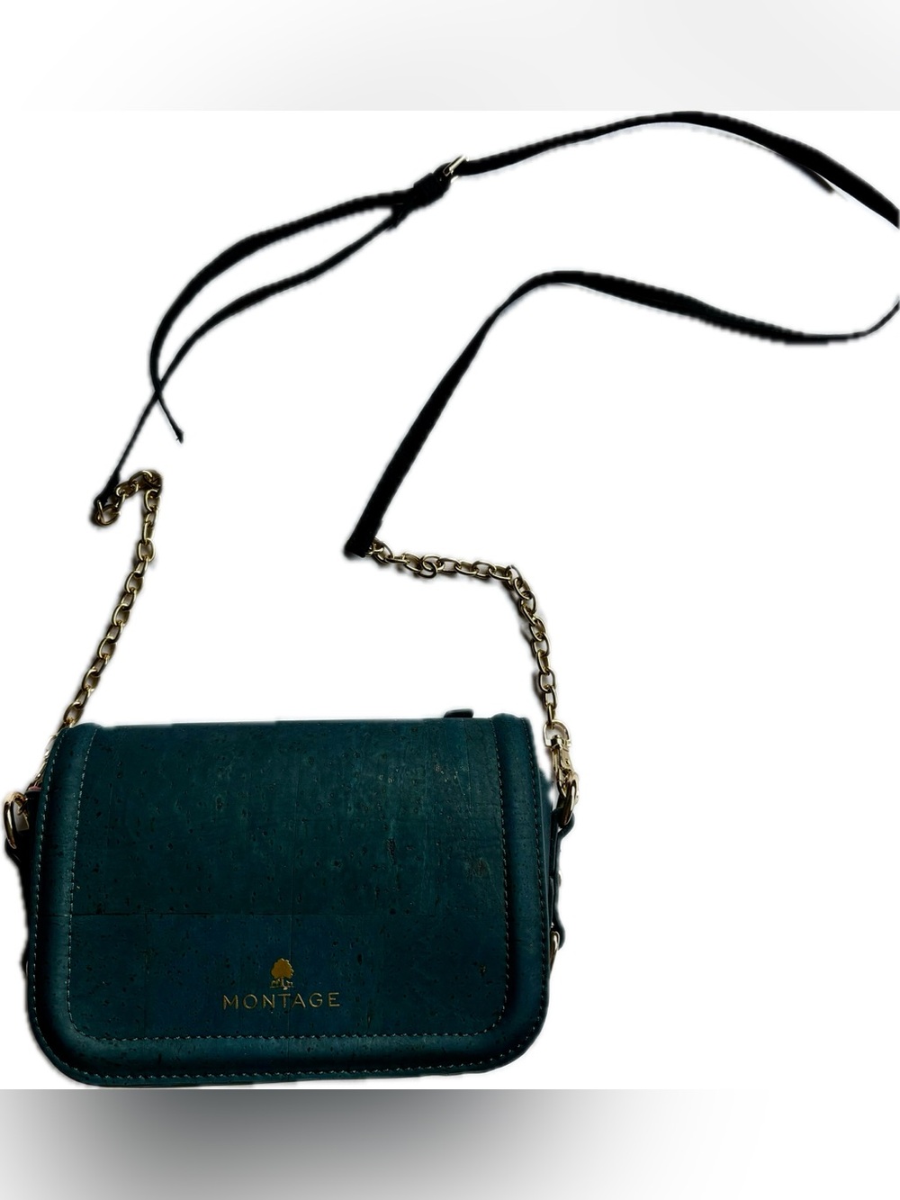 Montage Premium Cork Crossbody Bag Handbag — Forest Green with pink interior